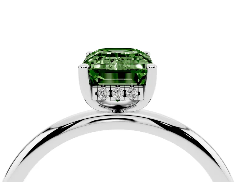 Fancy Green Emerald Cut Diamond Solitaire Engagement Ring Set in White gold with Prong Setting and Polished Band
