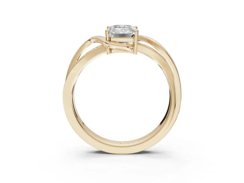 Emerald Cut Bypass Solitaire Engagement Ring Setting | Pavé and Plain Strands | Yellow Gold