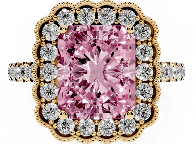 Radiant Cut Milgrain Floral Halo Engagement Ring Setting for a Fancy Pink Lab-Grown Diamond | Pavé Band | Yellow Gold