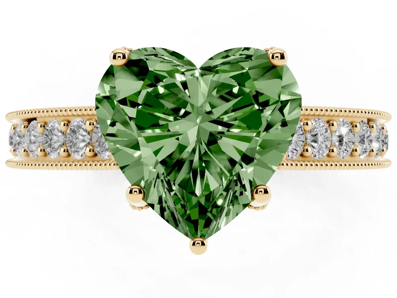Heart-Shaped Hidden Halo Engagement Ring Setting for a Fancy Green Lab-Grown Diamond | Milgrain Pave | Yellow Gold