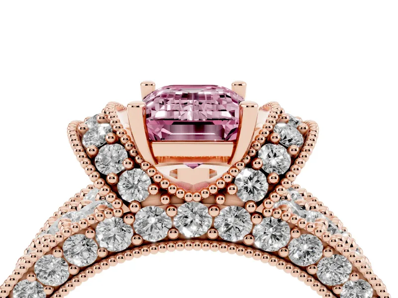 Emerald Cut Vintage Pave Engagement Ring Setting for a Fancy Pink Lab-Grown Diamond | Milgrain Edges | Rose Gold