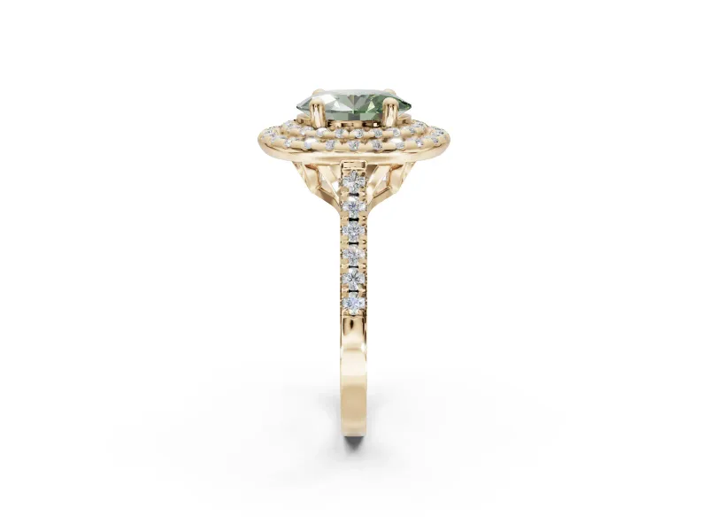Fancy Green Oval Lab-Grown Diamond Double Halo Statement Ring Set in Yellow Gold with Pavé Band