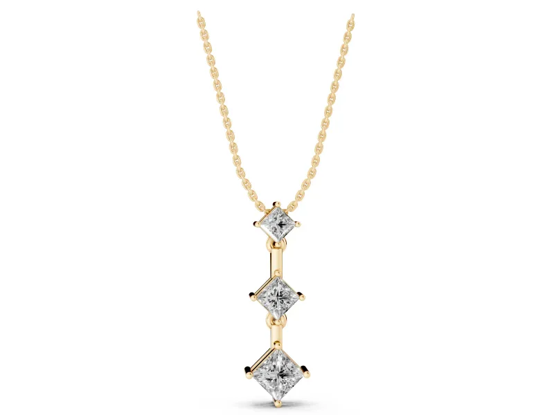 Princess Cut Lab-Grown Diamond Graduated Three-Stone Drop Pendant | Set on Point | Yellow Gold