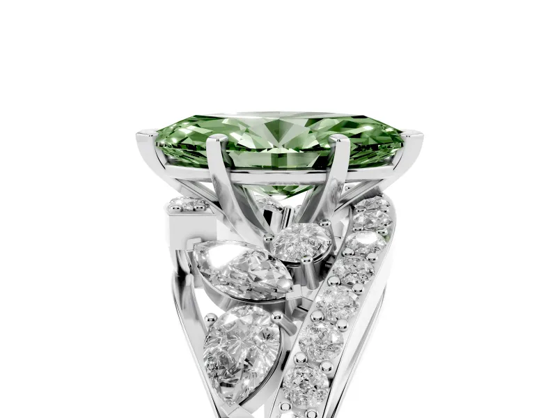 Fancy Green Marquise Cut Diamond Halo Ring Set in Silver with Marquise and Pavé Band in Prong Setting