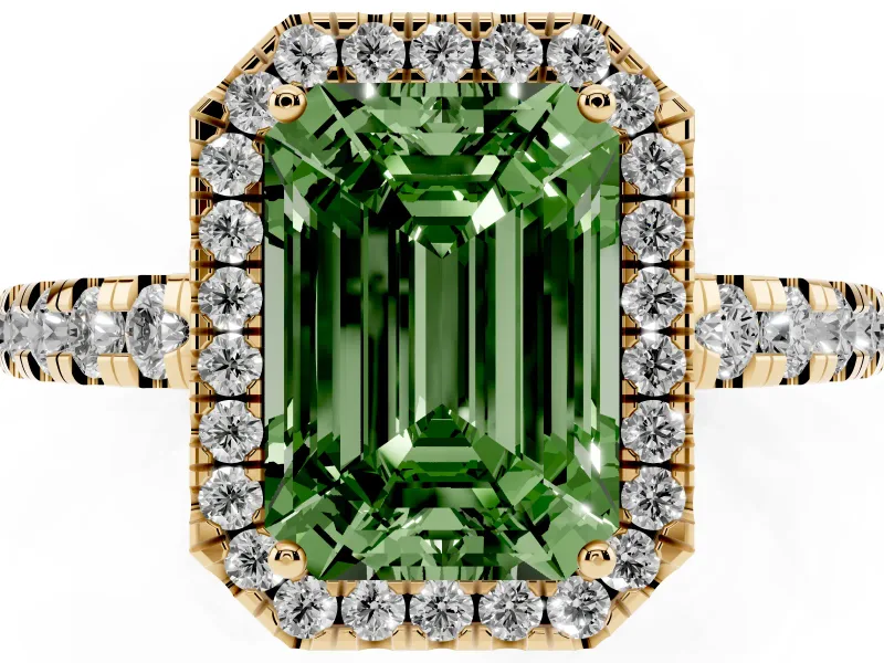 Fancy Green Emerald Cut Diamond Halo Ring Set in Yellow gold with Delicate Pavé Band and Prong Setting