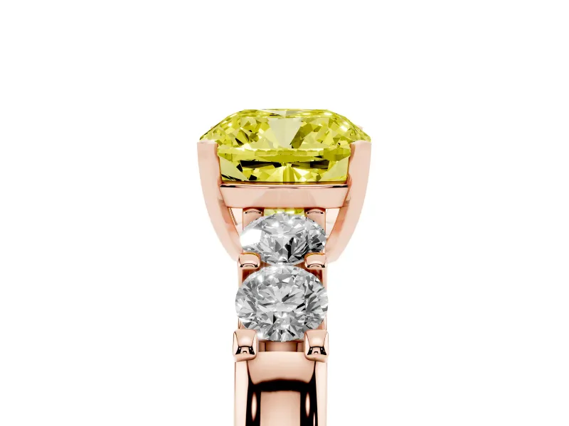 Fancy Yellow Cushion Cut Diamond Five-Stone Prong Set Engagement Ring Set in Rose gold with Channel Band
