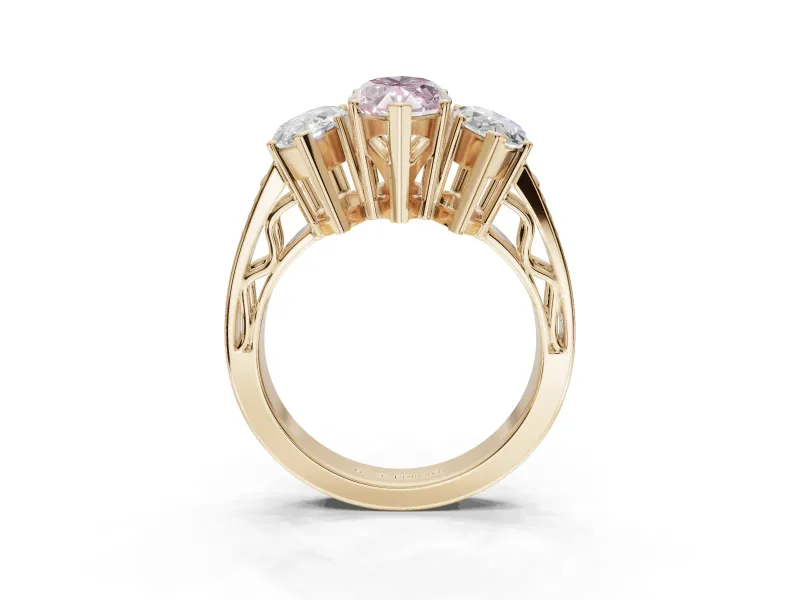 Marquise Three Stone Engagement Ring Setting for a Fancy Pink Lab-Grown Diamond | Beaded Shoulders | Yellow Gold