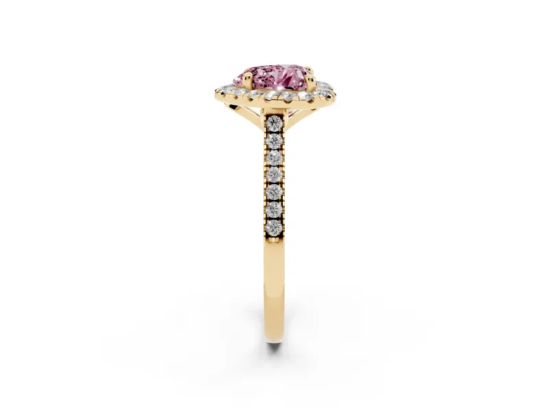 Heart-Shaped Halo Engagement Ring Setting for a Fancy Pink Lab-Grown Diamond | Tapered Band | Yellow Gold