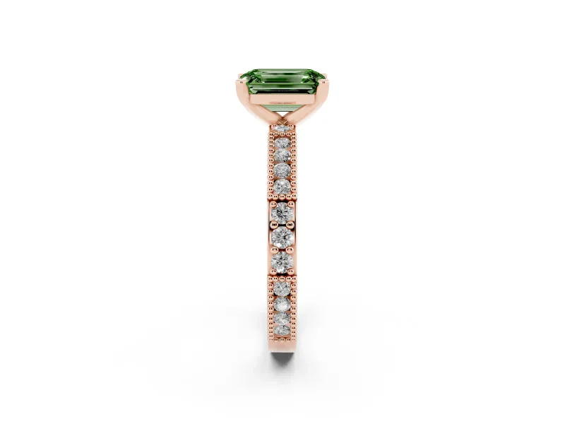 Fancy Green Emerald Cut Diamond Solitaire Ring Set in Rose gold with Slim Pavé Band and Prong Setting