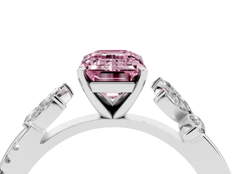 Fancy Pink Emerald Cut Diamond Floral Vine Solitaire Engagement Ring Set in White gold with Marquise Leaves