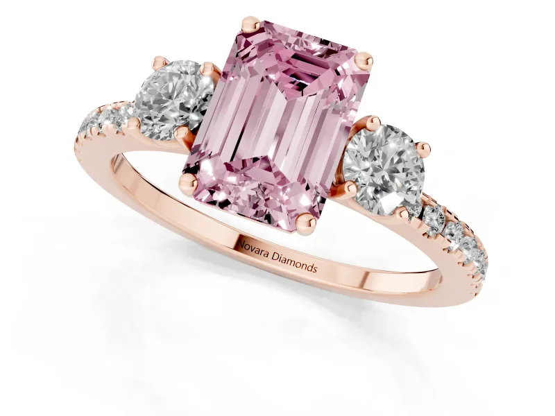 Emerald Cut Three Stone Engagement Ring Setting for a Fancy Pink Lab-Grown Diamond | Pave Shoulders | Rose Gold