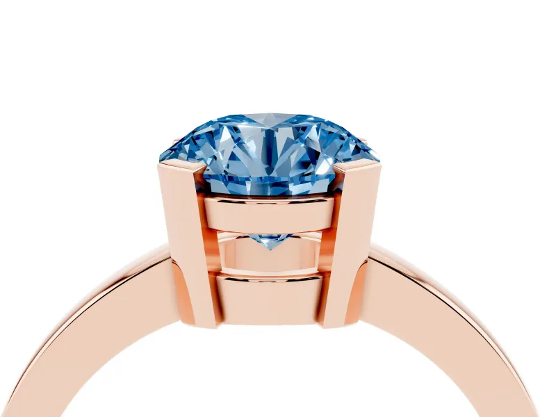 Fancy Blue Round Cut Diamond Solitaire Ring Set in Rose gold with Prong Head and Smooth Polished Band