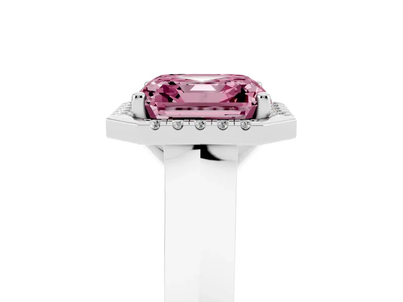 Fancy Pink Asscher Cut Diamond Halo Ring Set in White gold with Cathedral Band and Prong Setting