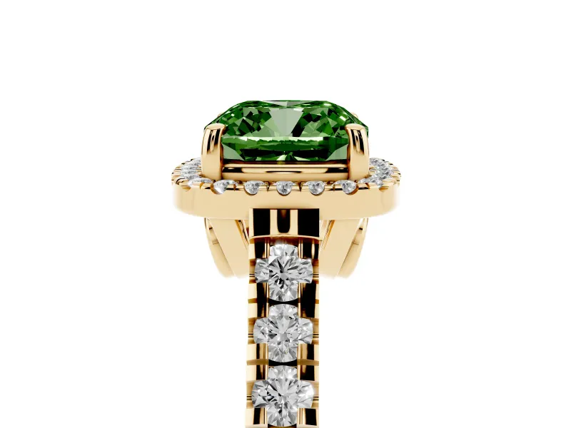 Cushion Cut Accented Halo Engagement Ring Setting for a Fancy Green Lab-Grown Diamond | Yellow Gold