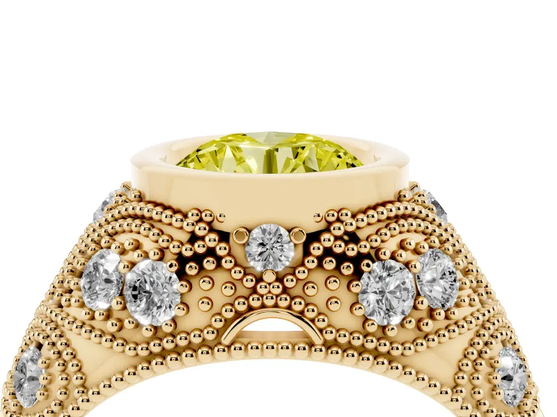 Fancy Yellow Round Cut Diamond Bezel Ring Set in Yellow gold with Milgrain Accent Band