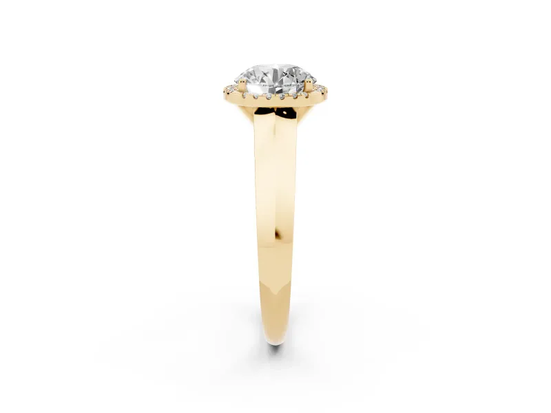 Round Cut Diamond Halo Ring Set in Yellow gold with Cathedral Band and Prong Setting
