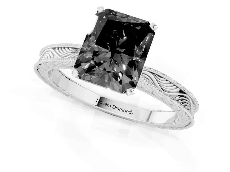 Fancy Black Radiant Cut Diamond Solitaire Milgrain Engraved Band Set in Silver with Prong Setting
