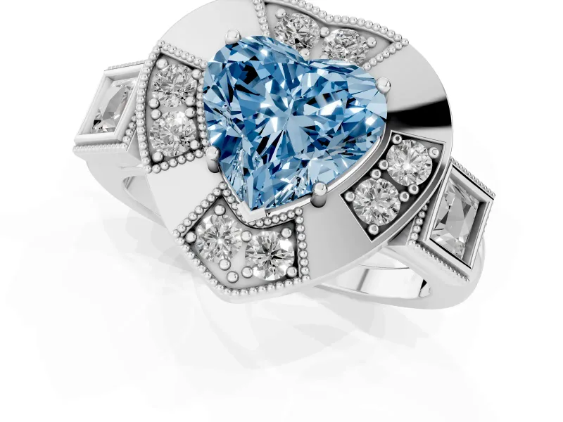 Fancy Blue Heart Cut Diamond Milgrain Halo Ring Set in Platinum with Split Shank