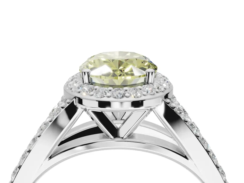 Oval Halo Pavé Engagement Ring Setting for a Fancy Yellow Lab-Grown Diamond | Narrow Split Shank | Sterling Silver