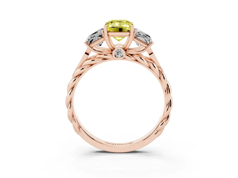 Fancy Yellow Emerald Cut Diamond Three-Stone Ring Set in Rose gold with Braided Band