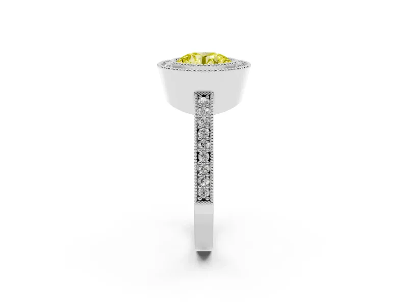 Round Milgrain Halo Engagement Ring Setting for a Fancy Yellow Lab-Grown Diamond | Pave Band | Platinum