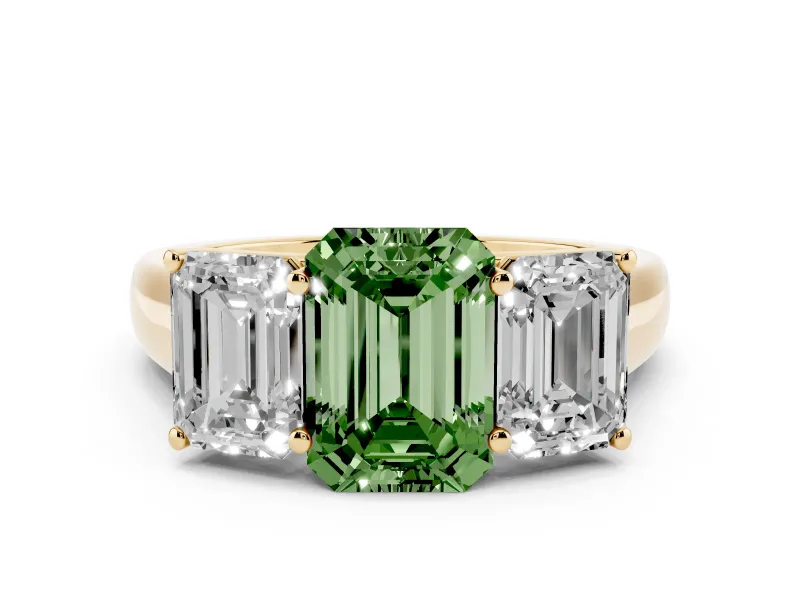 Fancy Green Emerald Cut Diamond Three-Stone Ring Set in Yellow gold with Plain Polished Band