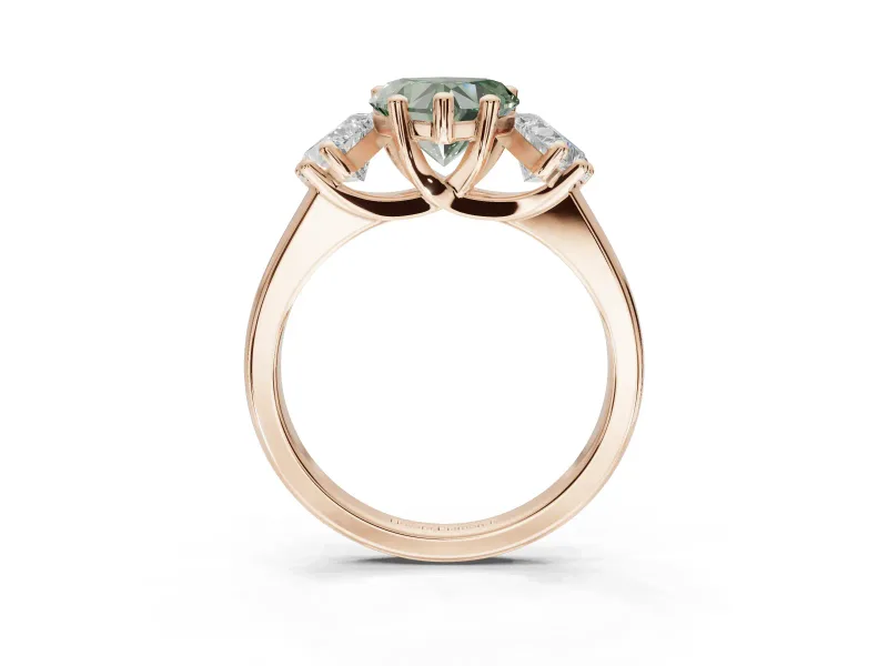 Heart-Shaped Three Stone Engagement Ring Setting for a Fancy Green Lab-Grown Diamond | Tapered Band | Rose Gold