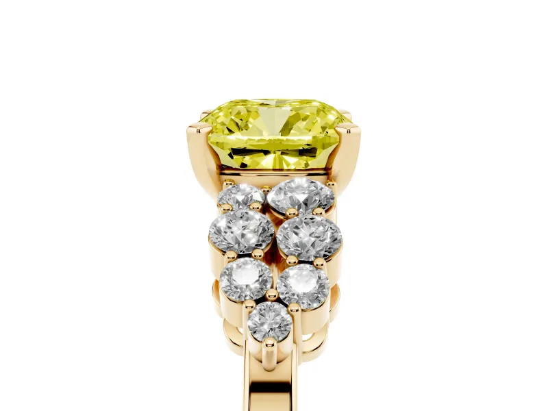 Fancy Yellow Cushion Cut Diamond Cluster Engagement Ring Set in Yellow gold with Pavé Band and Prong Setting