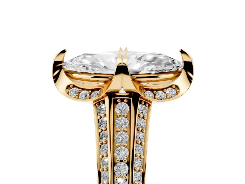 Marquise Cut Diamond Pavé Split Shank Solitaire Ring Set in Yellow gold with Prong Setting
