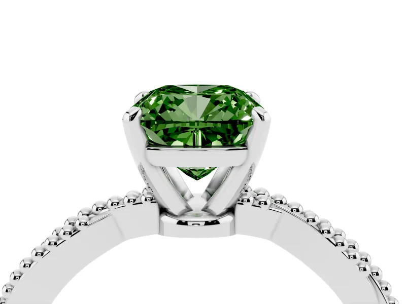 Fancy Green Cushion Cut Diamond Solitaire Ring Set in Silver with Twisted Band and Bead Prong Setting