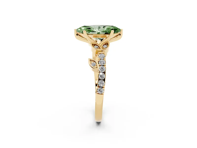 Fancy Green Marquise Cut Diamond Solitaire Leaf-Inspired Ring Set in Yellow gold with Pavé Band and Prong Setting