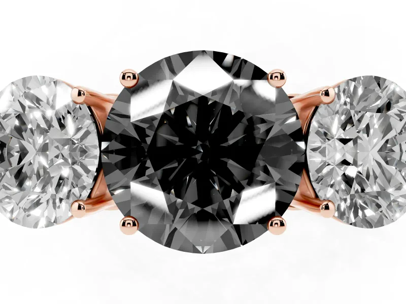 Round Three Stone Engagement Ring Setting for a Black Center | Beaded Shoulders | Rose Gold