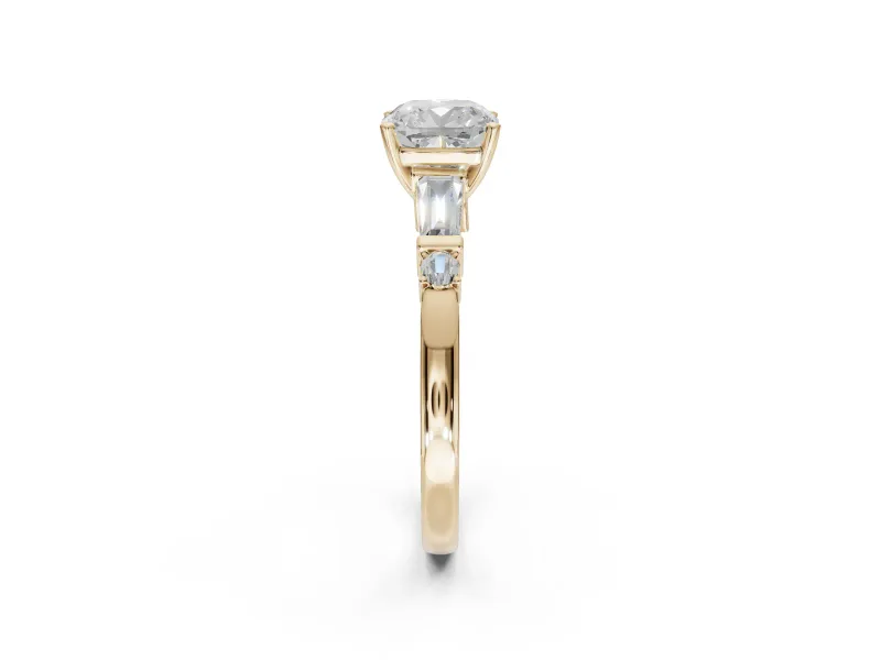 Cushion Cut Tapered Baguette Engagement Ring Setting | Bar Set Sides | Yellow Gold