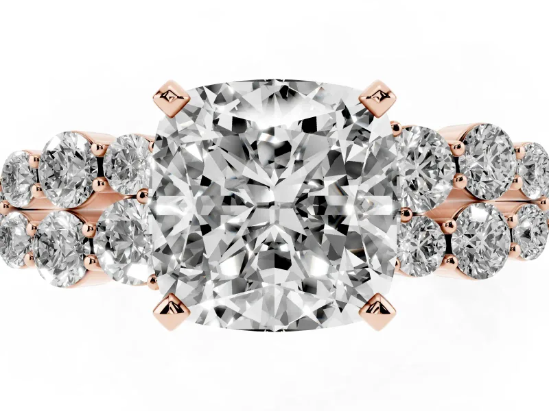 Cushion Cut Side Stone Engagement Ring Setting | Two-Row Shoulder Clusters | Rose Gold