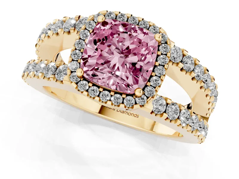Fancy Pink Cushion Cut Diamond Halo Ring Set in Yellow gold with Pavé Split Shank and Prong Setting