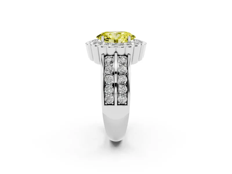 Fancy Yellow Oval Cut Diamond Scalloped Halo Ring Set in Platinum with Pavé Split Shank