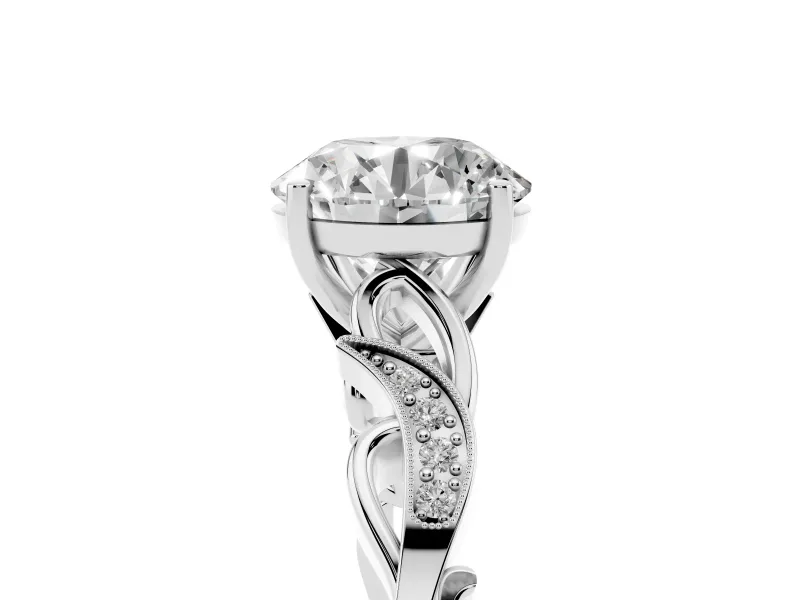 Round Cut Diamond Vine Band Solitaire Ring Set in Platinum with Milgrain Prong Setting