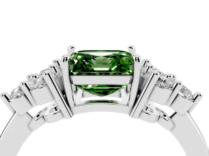 Fancy Green Asscher Cut Diamond Solitaire Ring Set in White gold with Cluster Accents on Each Side