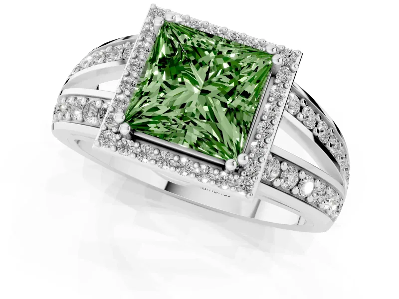 Princess Cut Halo Engagement Ring Setting for a Fancy Green Lab-Grown Diamond | Two-Row Pave Split Shank | White Gold