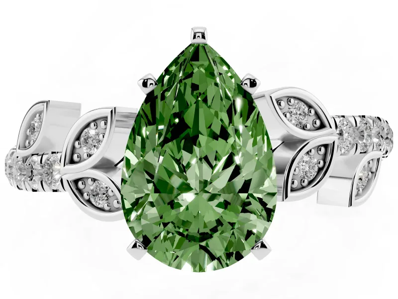 Pear-Shaped Leaf Pavé Engagement Ring Setting for a Fancy Green Lab-Grown Diamond | White Gold