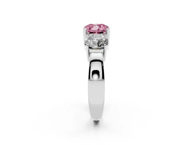 Cushion Cut Three Stone Engagement Ring Setting for a Fancy Pink Lab-Grown Diamond | Wide Plain Band | Platinum