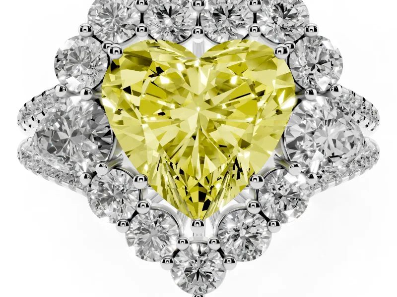Fancy Yellow Heart Cut Diamond Halo Split Shank Engagement Ring Set in White gold with Prong-Held Center Stone