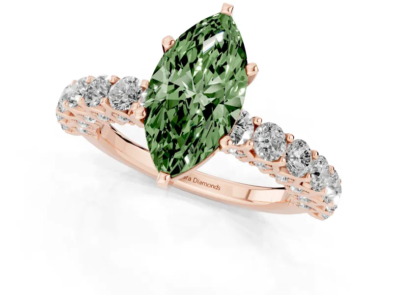 Fancy Green Marquise Cut Diamond Solitaire Ring Set in Rose gold with Shared Prong Pavé Band