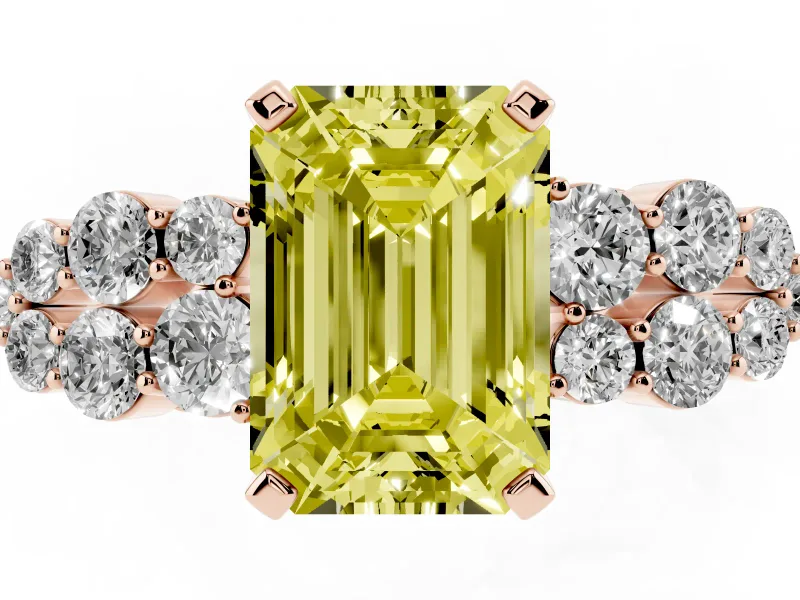 Fancy Yellow Emerald Cut Diamond Cluster Engagement Ring Set in Rose gold with Pavé Band and Prong Setting