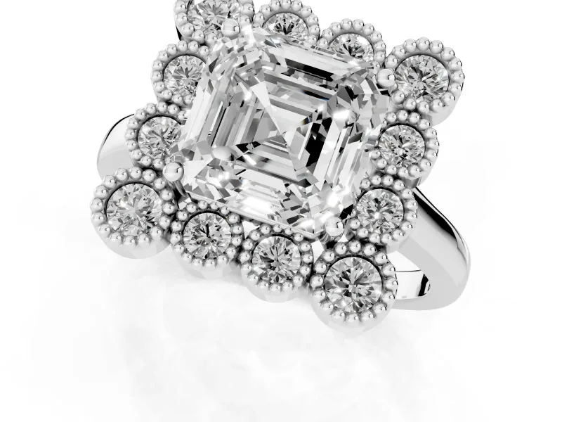 Asscher Cut Milgrain Cluster Halo Engagement Ring Setting | Plain Band | Sterling Silver
