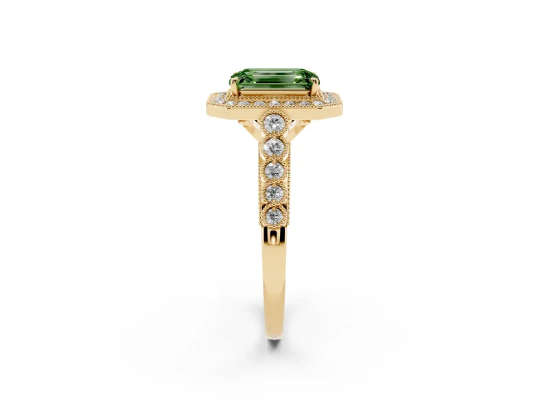 Emerald Cut Graduated Milgrain Halo Engagement Ring Setting for a Fancy Green Lab-Grown Diamond | Yellow Gold