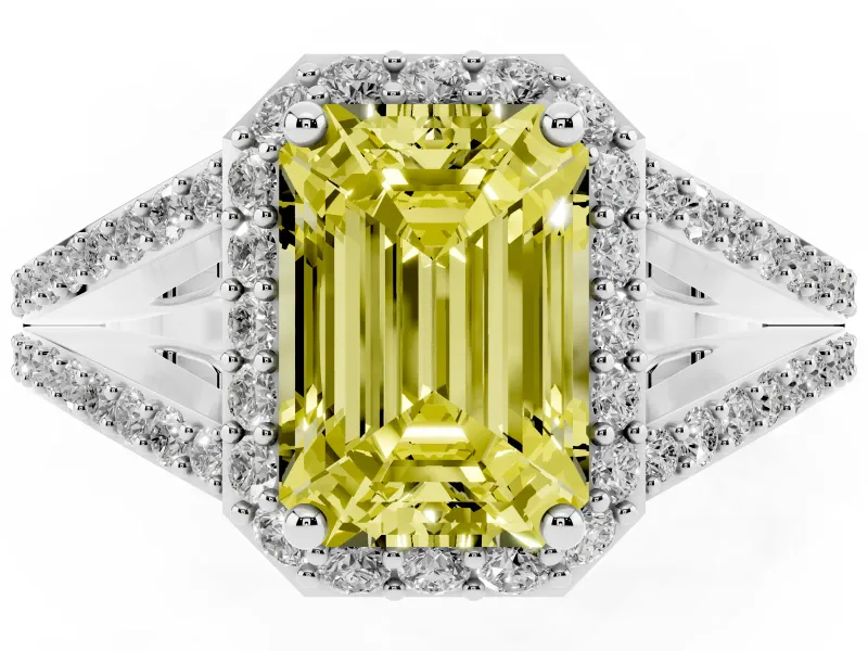 Emerald Cut Split Shank Halo Engagement Ring Setting for a Fancy Yellow Lab-Grown Diamond | Platinum