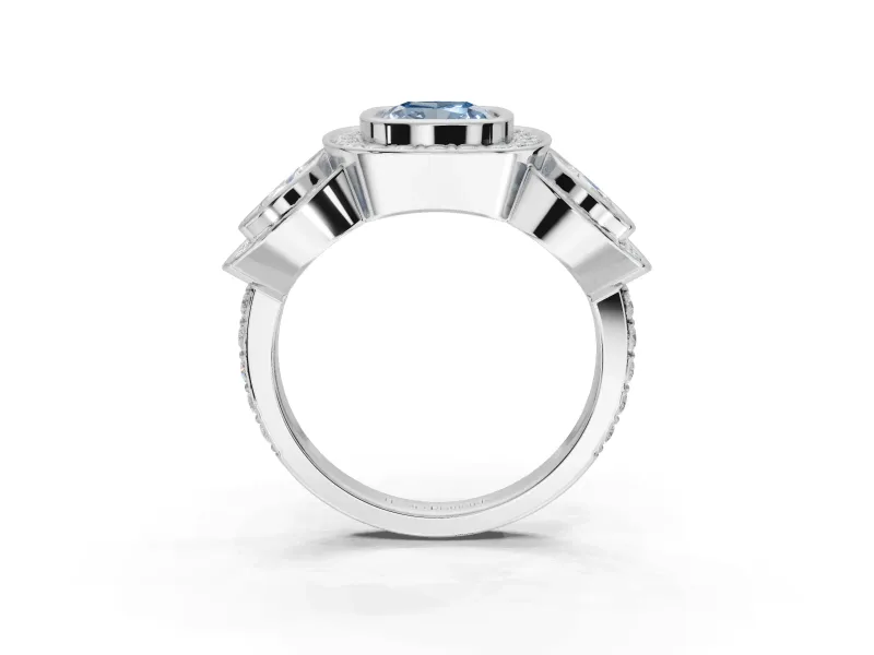 Cushion Cut Three Stone Halo Engagement Ring Setting for a Fancy Blue Lab-Grown Diamond | White Gold