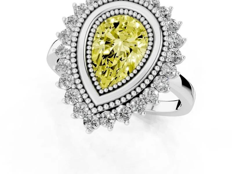 Fancy Yellow Pear Cut Diamond Halo Ring Set in Platinum with Milgrain Edge and Round Prong Setting