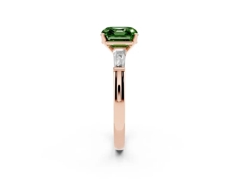 Fancy Green Asscher Cut Diamond Solitaire Ring Set in Rose gold with Tapered Baguette Side Stones and Prong Setting